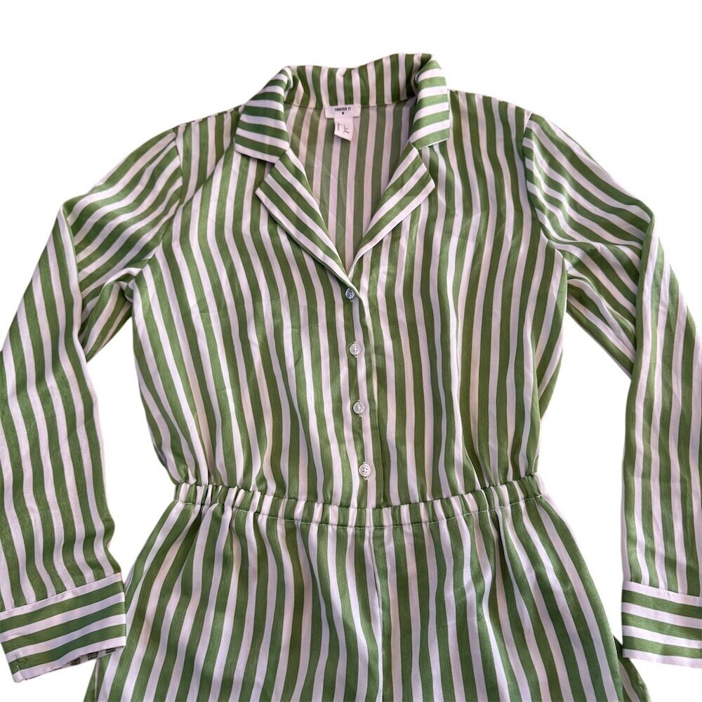 Forever 21 Silky Striped Pajama Romper Size Small Green & White - Picture 3 of 6